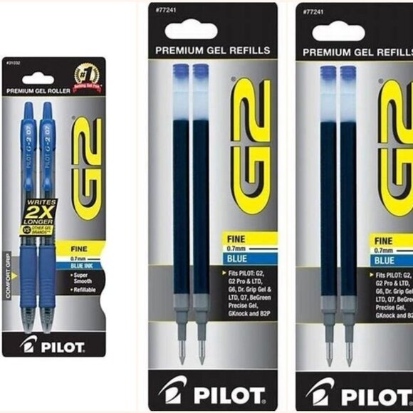 Pilot G2 Retractable Gel Ball Pen 0.7mm 2/Pk Blue w/2 Refill Office School Home - Picture 1 of 1